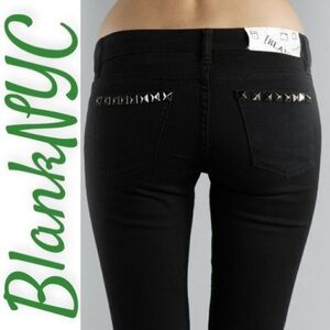 BLANKNYC Black Denim Rock Stud Low Rise Raw Fringe Skinny Ankle Jeans, Size 25